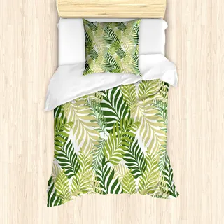 ABAKUHAUS Blatt Mantele, Tropic exotische Palmen, Milbensicher Allergiker geeignet mit Kissenbezügen, 135 cm x 200 cm - 80 x 80 cm, grüne Ecru