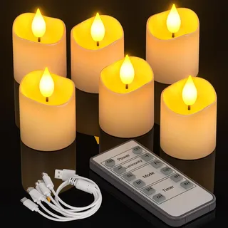 PChero LED Teelichter Wiederaufladbar mit Timer Fernbedienung, 6er Set LED Elektrische Kerzen Aufladbar Flackernd mit Batterie und Timerfunktion für Halloween Zimmer Silvester Kürbis Deko Weihnachten