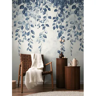 Livingwalls Fototapete mit Blätterranken-Design in Blau, Creme, Weiß - Florale Vliestapete 8,80 m x 0,53 m Natur-Motiv by COSMOPLITAN - 791445