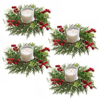 SOMYTING 4 Stück Weihnachtskerzenringe, 27 cm, künstliche rote Beeren, schneebedeckte Tannennadeln, Girlande, Kerzenringe, Kränze, Kerzenringe für Säulen, rustikale Weihnachtsdekoration