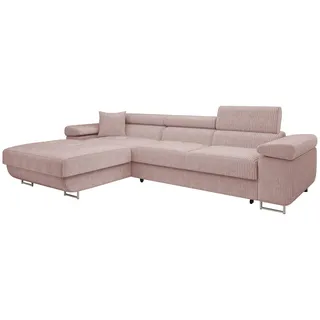 Mirjan24 Ecksofa Torezio Mini Cord, Stilvoll Eckcouch mit Bettkasten und Schlaffunktion, Einstellbare Kopfstützen, 280x170x70-90 cm (Farbe: Poso 52, Seite: Links) - Rosa