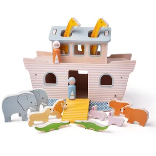 Bigjigs Toys Arche Noah Holzspielzeug mit 12 Tieren und 2 Menschen, 33,7x25,4x16,4 cm