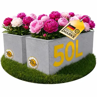 Ondis24 2X Pflanzkübel Vulkano, je 50L Pflanzvolumen, rechteckig, Blumenkasten mit Wasserspeicher, Balkon Terrasse, Blumenkübel, Doppelpack (Hellgrau)