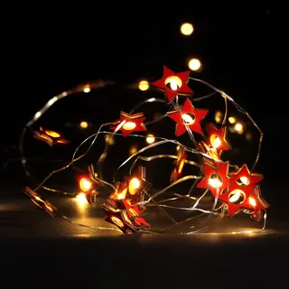 com-four® LED Lichterkette mit Timer - energiesparende Weihnachtsbeleuchtung - Lichterkette mit 20 LED-Sterne aus Holz - Weihnachtdekoration für Innen - Braun