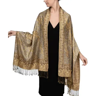 Achillea Pashmina-Schal mit Fransen, weich, seidig, wendbar, Paisleymuster, Grau/Gold, 28" W x 76" L