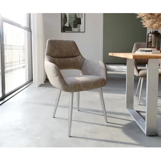 DELIFE Esszimmerstuhl Yago-Flex mit Armlehnen Mikrofaser Taupe Vintage 4-Fuß konisch Edelstahl Taschenfederkern - Taupe, Beige