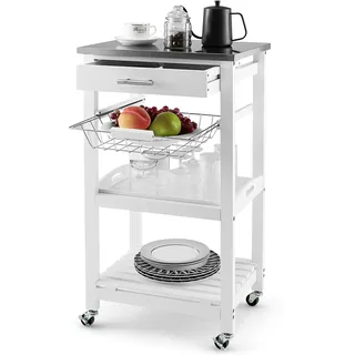 COSTWAY Kleiner Küchenwagen, Servierwagen auf Rollen, Arbeitsplatte aus Edelstahl, Schublade, Korb, Rollwagen Kücheninsel, Küchentrolley Landhausstil Weiß, 47x39x85cm