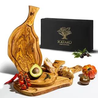 SOLTAKO Olivenholz Steakbrett mit Saftrille 3er Set (35/40/45cm) Schneidebretter aus Oliven Holz mit Griff