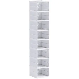 Homcom Schuhboxen Stapelbare, Faltbar 8 Stück Schuh-Organizer mit Transparenten Türen , Weiß , Kunststoff , 26x140x35 cm , Garderobe, Schuhaufbewahrung, Schuhschränke