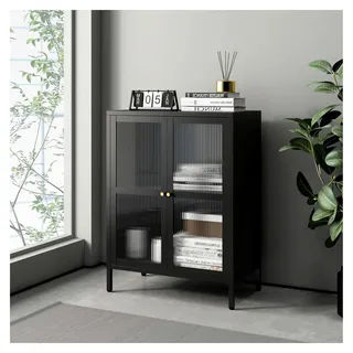 Kommode Säkylä Sideboard Mehrzweckschrank mit Glastüren geriffelt 84 x 64 x 35 cm Vitrinenschrank Wohnzimmer Metallschrank Schwarz