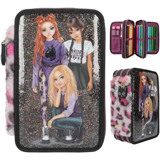 DEPESCHE TOPModel Rebel Kitty - Gefüllte 3-Fach Federtasche in Schwarz, mit Model Motiv, Glitzer und Leo-Fell, Federmappe mit Buntstiften, Lineal, Schere uvm.