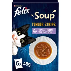 FELIX Soup Tender Strips, Suppe für Katzen, Gemischte Vielfalt, 8er Pack (8 x 6 à 48g)