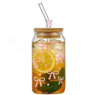 ESYFOR Glas mit Deckel und Strohhalm Eleganter,16 oz/454ml | Glas Trinkbecher Aesthetic Bow Design Eleganter,Wiederverwendbar,Transparent, für Iced Coffee Smoothie Matcha Cocktail