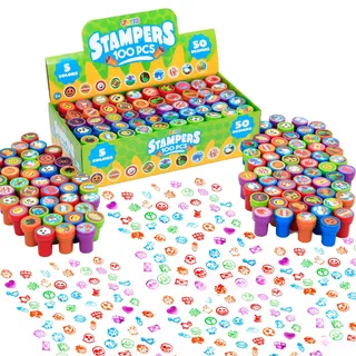 JOYIN 100 stück Stempel für Kinder, selbstfärbende Stempelset 3 Jahre(50 Designs, Plastikstempel, Zoo-Safari Dinosaurier-Stempele) für Ostereier, Mitgebsel Kindergeburtstag Partygeschenke