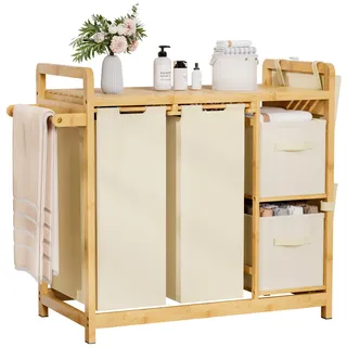 Yorbay Wäschekorb 3 Fächer Bambus: 140 L Wäschesammler mit Ablage Handtuchhalter & kleine seitliche Taschen - Wäschesortierer für Bad Schlafzimmer und Waschküche 87 x 41 x 77 CM Beige