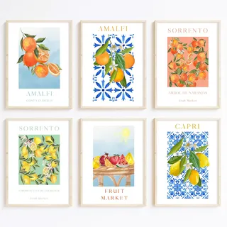 Obst-Wandkunst, Küchenkunst, Wanddekoration, Obstdrucke, bunte Zitrone, Leinwand, Wandkunst, Vintage-Bilder, Obstmarkt-Poster, Zitronen-Orange, Drucke, 6 Stück, für Zimmer, Schlafzimmer, 20,3 x 25,4