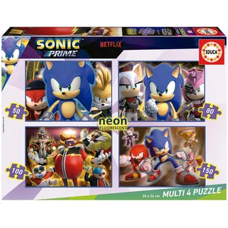 Educa Multi 4 Sonic Prime Neon | Set mit 4 progressiven Puzzles für Kinder von 50 bis 150 Teilen, die im Dunkeln leuchten, Maße montiert: ca. 34 x 24 cm, ab 5 Jahren (19631)