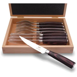 BEEFSTONE Steakbesteck Set 8-teilig, 4 Steakmesser mit Wellenschliff + 4 Steakgabeln, Ergonomische Pakka-Holzgriffe, Geschenkbox aus Holz