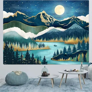 Accnicc Berg-Wandteppich, Naturwald, Baum, Wandteppiche für Schlafzimmer, ästhetische Sternennacht, Mond, Sterne, Wandteppich, Wandbehang, Blaugrün, abstrakter Wandteppich für Wohnheim, Wohnzimmer