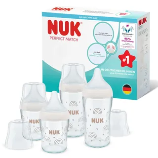 NUK Perfect Match Glas-Babyflaschenset | Ab 3 Monate | Passt sich dem Baby an | Temperature Control | Anti-Colic | 120 ml und 230 ml | BPA-frei | Silikontrinksauger | Regenbogen | 4 Stück
