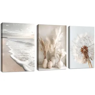 3Pcs Modern Beige Pampasgras Bilder Set, Boho Strand-Szenerie Wandbilder mit Rahmen, Modern Löwenzahn bild auf Leinwand Wandkunst Kunstdruck Deko für Wohnzimmer Schlafzimmer Küche Esszimmer 30x40cmx3