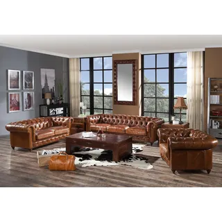 Design Club Lounge 4 Sitzer Sofa Ledersofa Dreisitzer Vintage Leder Chesterfield - Braun