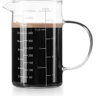FrutPunch Messbecher Glas 500ml mit Drei Skalen Geeignet für Küche | Hitzebeständig, drei Skalenmarkierungen, V-förmige Ausgießöffnung, Geeignet für Kaffee, Milch, Backen, Salatzubereitung