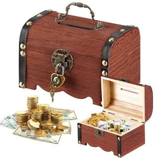 Forbabe Schatztruhe Holz, Vintage Spardose mit Schloss Klein Piratenschatztruhe Schatzkiste Kindergeburtstag Holztruhe mit Deckel zur Aufbewahrung und Dekoration (14.5x10.5x10.3cm, Braun)