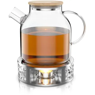 Glas Teekanne mit Stövchen – Bambusdeckel – inklusive Edelstahlstövchen – Fassungsvermögen 1,4 Liter – hitzebeständig – mit Siebeinsatz für Blütentee – einfache Reinigung – für heiße und kalte Getränk
