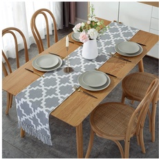 KnBoB Baumwolle Leinen Beige Grau Geometrisches Puzzle Muster mit Quasten Tischläufer Herbstlich Modern Größe 32x220CM