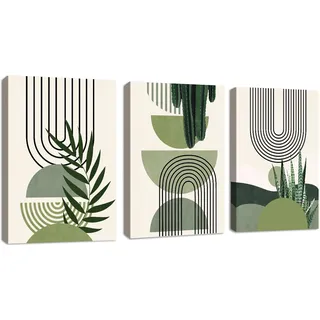 3Pcs Boho Blätter Leinwandbilder Bilder Set mit Rahmen Aesthetic Grüne Pflanze Bilder Moderne Wandbilder Schlafzimmer Bild Auf Leinwand Kunstdruck Deko für Wohnzimmer fertig zum Aufhängen 40x60cmx3