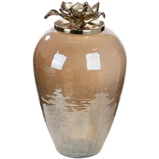 GILDE Deckelvase Flor aus Glas - champagnerfarben - rund - Blumenmotiv - Höhe 40cm x Ø 23cm - Dekovase