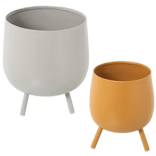 DRW Set mit 2 Pflanzgefäßen mit Metallfuß in Grau und Orange, 21 x 21 x 25 und 16 x 16 x 20 cm