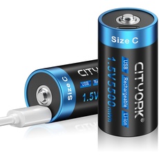 CITYORK USB wiederaufladbarer Lithium-Ionen C Akku, 2 Stück 1.5V 5500mWh C Zelle Batterien mit Typ-C Kabel