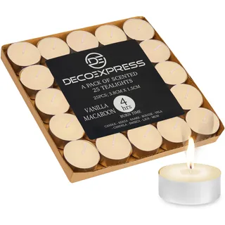 DECO EXPRESS Teelichter Großpackung, 24, 25, 50, 100 oder 200 Teelichter Lange Brenndauer 4, 8 oder 10 Stunden (Vanille-Macaron 25/4 Stunden)