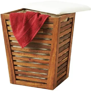 Relaxdays Wäschetruhe Braun Weiß Akazienholz mit Sitzkissen 56x40x40 cm , Holz, Textil , 40x56x40 cm , Haushalt & Reinigung, Wäschepflege, Wäschekörbe & Wäschetonnen