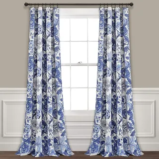 Lush Decor Sydney lichtfilternde Fenstervorhänge, 132,1 x 241,3 cm (B x L), Marineblau und Weiß, Botanischer Garten, Landhaus-Heimdekoration, Blumen-Vorhänge für Schlafzimmer, Wohnzimmer und Esszimmer