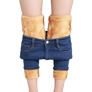 Osheoiso Damen Winterjeans Warme Jeans Hosen Plüsch Gefütterte Denim Hosen Mode Stretchy Winter Jeans Fleece Mädchen Thermojeans Straight Hose Weitem Lang Hose Vintage