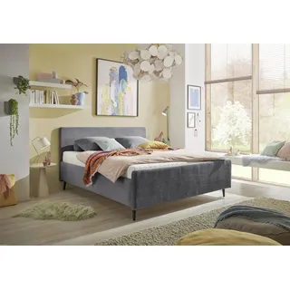 Stella Trading Polsterbett 180x200 Peach in Cord-Optik, Bettgestell mit gepolstertem Kopfteil & Holzfüßen, modernes Stoffbett, ohne Matratze & Lattenrost, Dunkelgrau