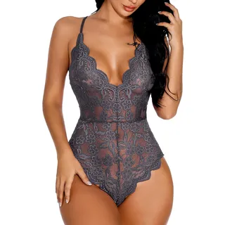 Buitifo Damen Spitze Bodysuit Ein Stück Babydoll Rückenlos Mini Teddy V-Ausschnitt Dessous(Grau T1,S)