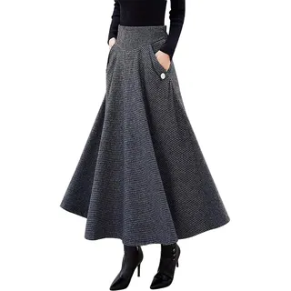 IDEALSANXUN Damen Herbst/Winter Hohe Taille Plaid Slim A-Linie Langer Rock, grau dunkel, Klein