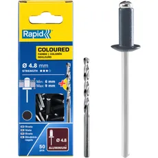 Rapid Blindnieten Aluminium Grau Ø 4,8mm, 6-9mm Klemmbereich, 50 Stk. Nieten, Set inkl. Bohrer, für Blindnietzangen