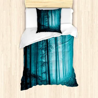 ABAKUHAUS Teal Bettbezug Set für Einzelbetten, Nebeliger dunkler Land-Wald, Milbensicher Allergiker geeignet mit Kissenbezug, Knickente
