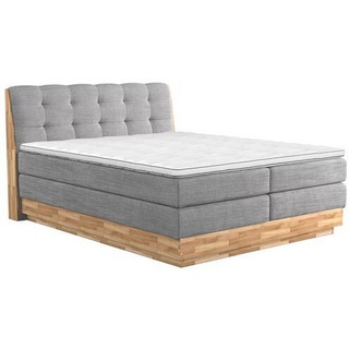 Xxxl Boxspringbett , Hellgrau , Textil , Eiche , massiv , H2 + H4 , 7-Zonen , 200x200 cm , Fsc , Bettkasten, Matratze, gepolstertes Kopfteil, Topper durchgehend, Wendematratze mit unterschiedlichen Härtegraden , Schlafzimmer, Betten, Boxspringbetten