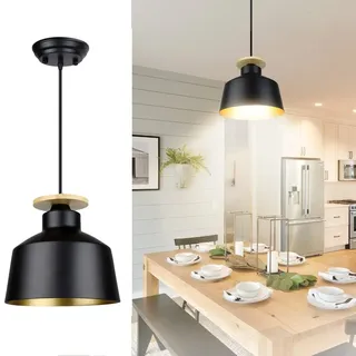 Depuley LED Hängelampe schwarz gold, Pendelleuchte Vintage, Küchenlampe Retro aus Metall und Holz, max.60W, Industrie Hängelleuchte Minimalistische Deckenlampe für küche, Wohnzimmer, Esszimmer, Studio