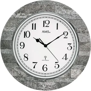 AMS 5570 Wanduhr Funk Funkwanduhr analog rund  Holz-Gehäuse mit Stein-Auflage - Grau
