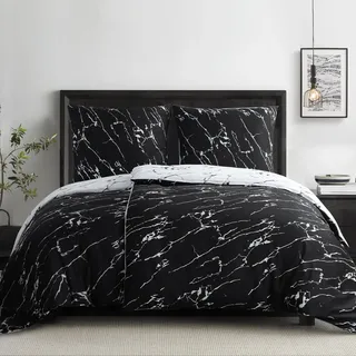 RUIKASI Bettwäsche 135x200 4teilig Schwarz - Bettbezüge 135 x 200 2er Set mit Marmor Muster, Bettwäsche-Sets 135x200cm aus Mikrofaser mit Reißverschluss Weich und Bügelfrei