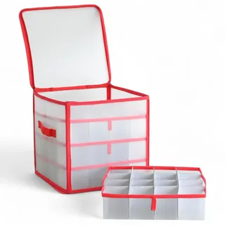 MIJOMA Aufbewahrungsbox Sortierbox Weihnachtstasche für Christbaumkugeln und Weihnachtsschmuck, zusammenklappbar, transparent (Rot, 31,5 x 31,5 x 31,5 cm für 64 Teile mit Einsätzen)
