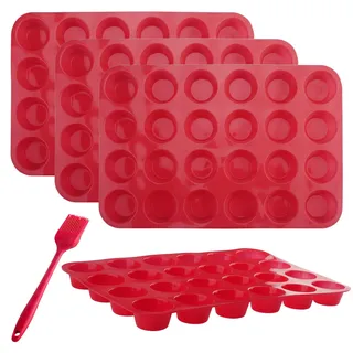 Velicber Mini Muffinform Silikon für 24er, 4 Stück Mini Muffins Backform mit Silikonpinsel, BPA-Freie und Antihaftbeschichtet, Muffin Backform für Cupcakes, Brownies & Desserts, Rot