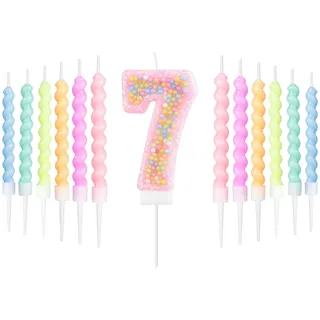 mciskin Macaron zum 7. Geburtstag Kerzen Set,zum 7th Geburtstag Dekoration für Mädchen,rosa Zahl 7 Kerzen und 12 spiralen Party Kerzen für Kuchen,Regenbogen Kuchenaufsatz für Macaron Party Dekoration